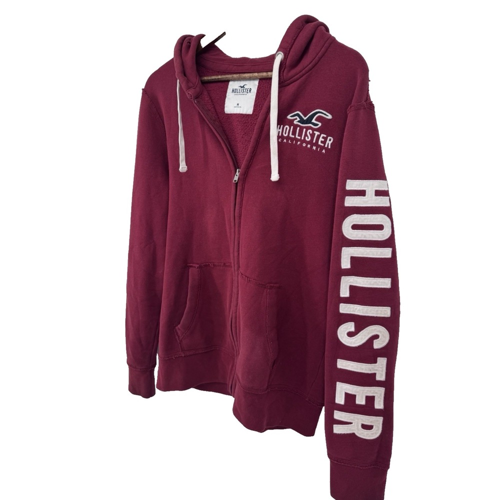 VTG Y2K Hollister California Men's M Burgundy Full Zip Hoodie Spellout Sleeve